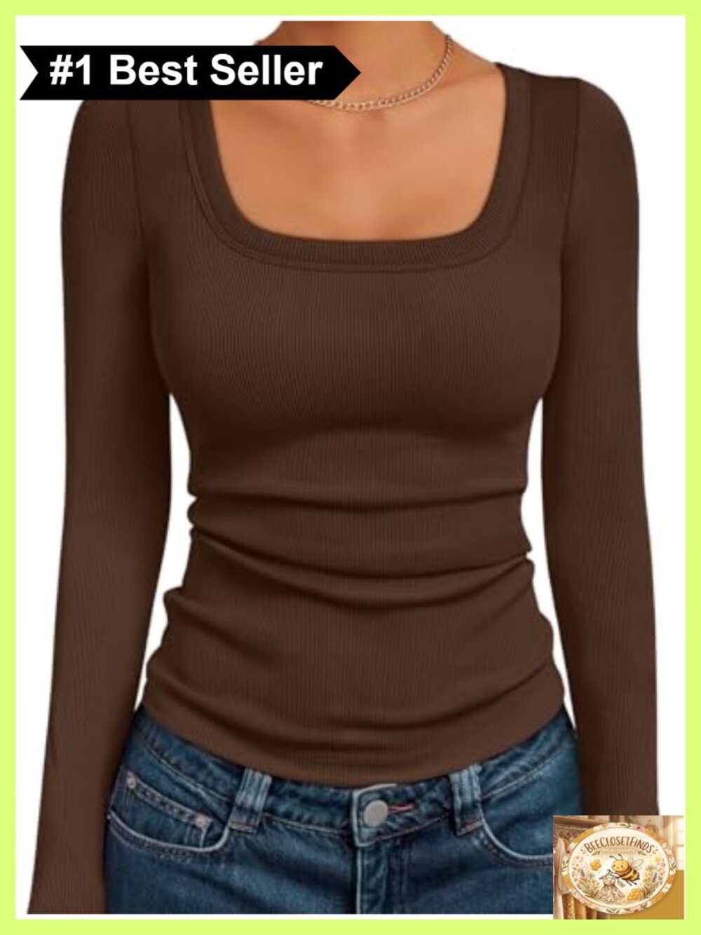 Ribbed Square Neck Long Sleeve Slim Fit Top Lightweight Stretch Basic